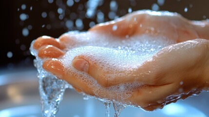 Fototapeta premium Close-up of hands washing with soap and water to prevent illness.