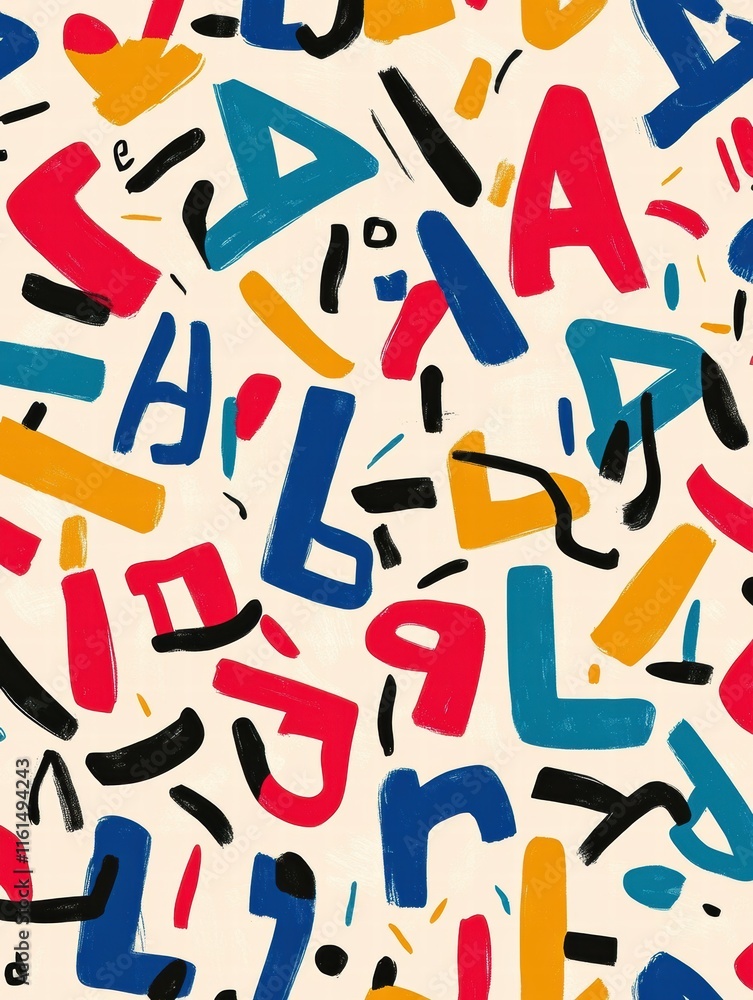 Poster Stylized playful alphabet pattern filled with vibrant colors and creative shapes perfect for design projects or educational materials. Generative AI