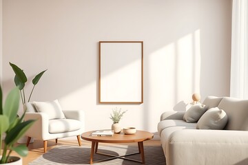 Living Room Mockup:  A minimalist living room with a large, blank poster frame ready for your design, showcasing a cozy and inviting space. Perfect for showcasing art, photography.