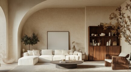 A living room with a white couch, a coffee table, and a wooden bookshelf. There are two vases on the bookshelf
