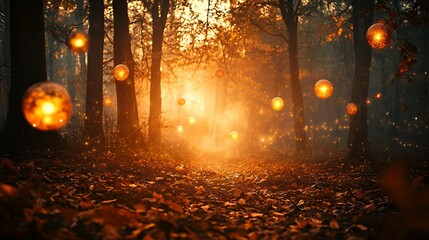 Enchanting Autumn Forest With Glowing Orbs