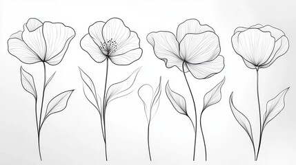Naklejka premium Continuous line drawing set of flowers. Plants one line illustration. Minimalist Prints
