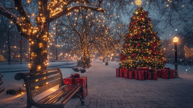 Decoration with a bench and christmas tree with red and golden garlands close to xmas gifts in red boxes with snowy flakes at twilight