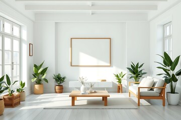 Minimalist Living Room with Wooden Accents:  A serene and stylish living room with a contemporary design, featuring a large wooden framed artwork, plush white sofas, and lush greenery.