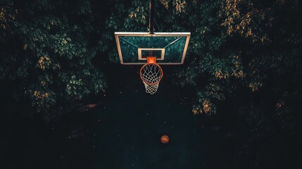 Overhead view of basketball hoop and ball.