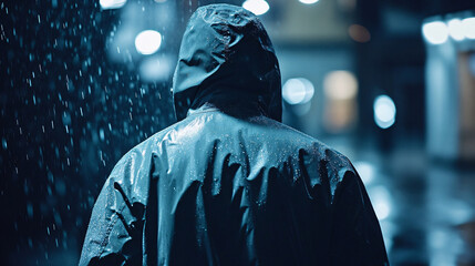 A person wearing a rain jacket walking through a rainy urban street, water droplets on the fabric, moody lighting with wet reflections on the pavement, dynamic and modern scene