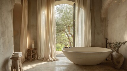Fototapeta premium A large bathtub with a vase and a small stool in front of it. The bathtub is white and the vase is brown