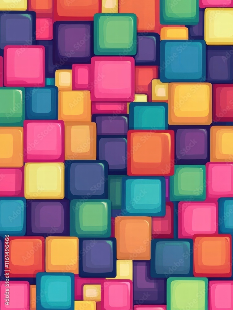 Poster Colorful pixel art inspired seamless pattern featuring vibrant squares and rectangles in various arrangements. Generative AI