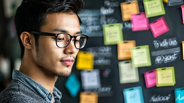 Young man brainstorming ideas while standing in front of a colorful wall covered with sticky notes in a creative workspace