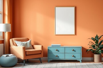 Living Room Mockup with Orange Wall and Blue Dresser: A cozy and stylish living room interior with a blank canvas for creative expression. The orange wall, blue dresser.