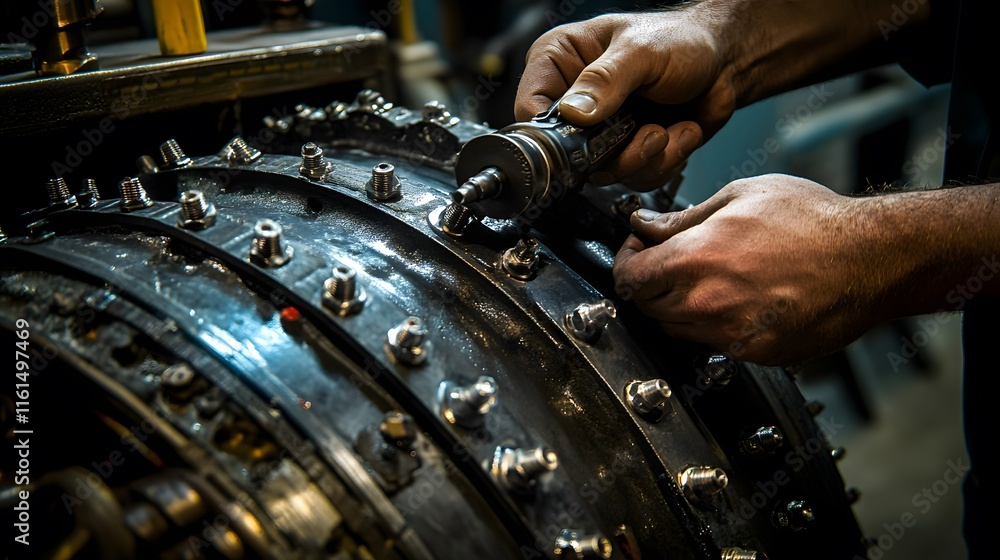 Poster close-up of a mechanic's hands meticulously working on a complex engine component, using specialized