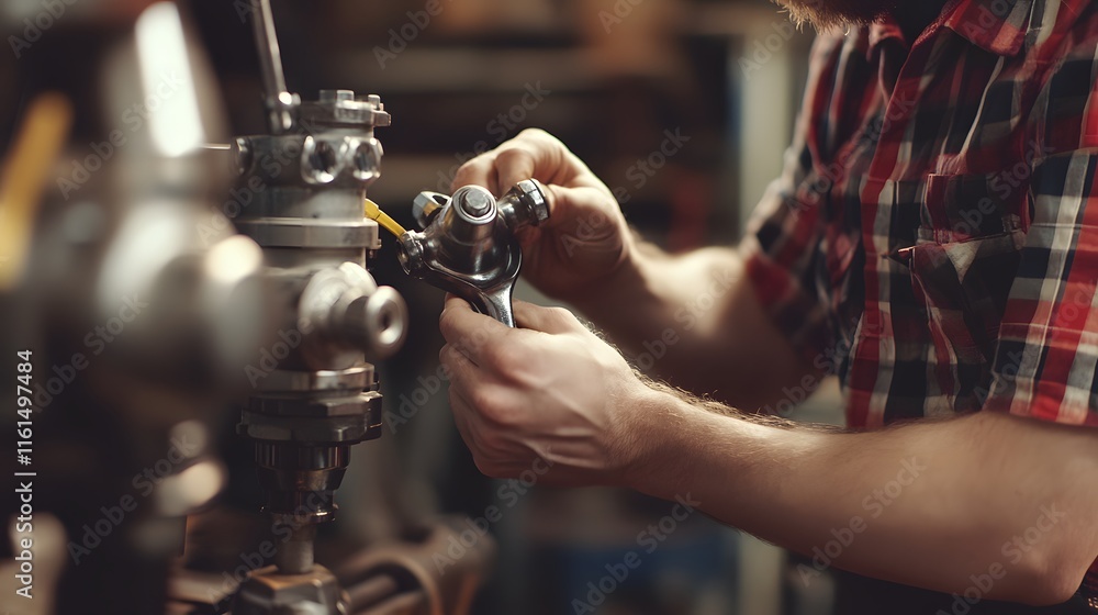 Poster close-up of a mechanic's hands using a wrench to adjust a metal valve on industrial machinery. the s