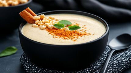 Indulging in a creamy smoothie bowl topped with spices and garnishes for a refreshing breakfast experience
