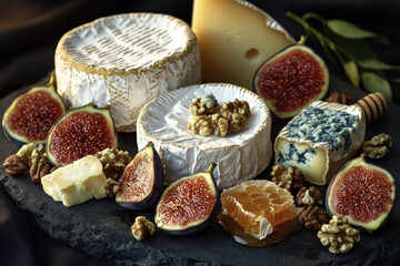 Fototapeta premium Cheese Board with Figs, Honey, and Walnuts