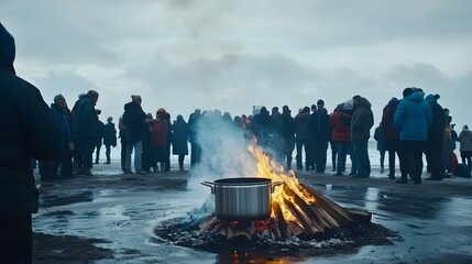 A large group of people stand on a beach watching a bonfire with a large pot cooking atop it.  The sky is overcast and the scene is somewhat bleak.