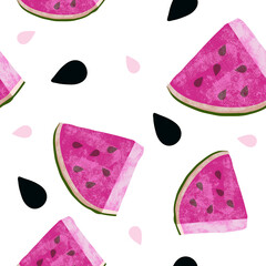 Painterly Illustrated Watermelon Seamless Repeating Pattern Pink melon on white Background
