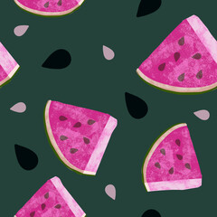 Painterly Illustrated Watermelon Seamless Repeating Pattern Pink on Teal green background