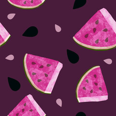 Painterly Illustrated Watermelon Seamless Repeating Pattern Pink melon on Burgundy Background