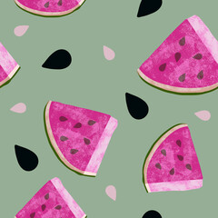Painterly Illustrated Watermelon Seamless Repeating Pattern Juicy Pink on Lime Green background