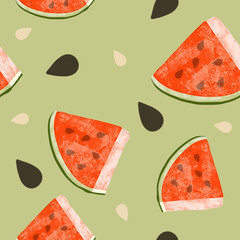 Painterly Illustrated Watermelon Seamless Repeating Pattern Red Melon on Lime Green Background