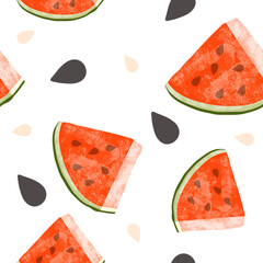 Painterly Illustrated Watermelon Seamless Repeating Pattern Red in White Background