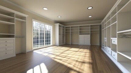 Sunlit walk-in closet with white shelving, drawers, and hardwood floors.