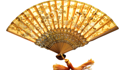 Artistic golden fan with intricate detailing and a decorative tassel, evoking a sense of luxury and cultural charm. Isolated on a white background, PNG 