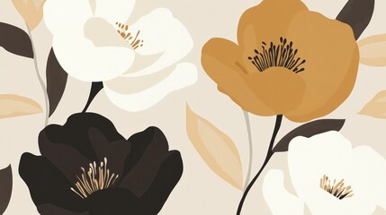 Abstract floral illustration with white, black, and orange flowers on beige background.