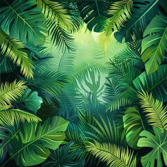 Vibrant and dense jungle scene with a variety of green leaves and brown vines.
