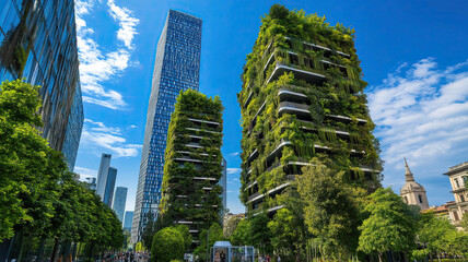 Fototapeta premium A futuristic city skyline featuring skyscrapers with integrated solar panels and lush vertical gardens. Flying drones zip through the air, adding a sense of innovation and advanced technology. 