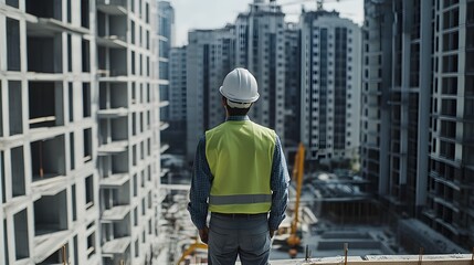Construction worker in hardhat and safety vest surveys a city skyline of high-rise buildings under construction.  A view from behind showcasing the scale of the project.