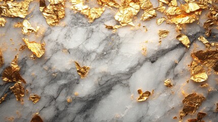 Obraz premium Gold leaf scattered across marble surface, ready for use in crafting elegant designs.