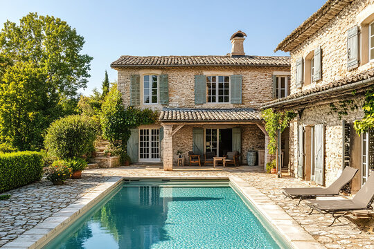 Picturesque stone villa with a serene pool set in lush greenery under a clear blue sky