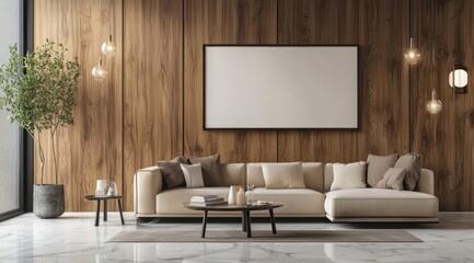 A living room with a white wall and a large couch. There is a potted plant in the room