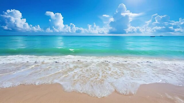 a beach with a blue sky and clouds