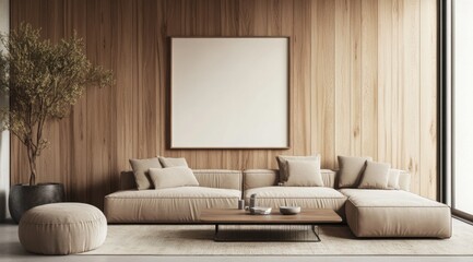 A living room with a white wall and a large couch. There is a potted plant in the corner of the room