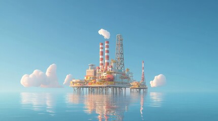 Offshore oil rig platform at sea, stylized illustration.