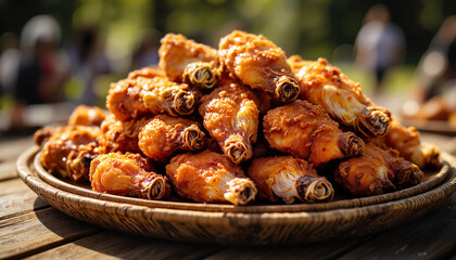 Plate of fried chicken wings on rustic wooden table