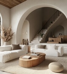 A living room with a white couch and a coffee table. There are two vases on the coffee table