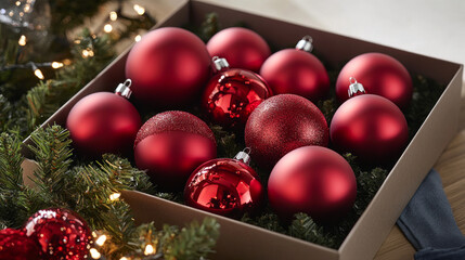red Christmas ornaments in a gift box, Christmas gift box with sparkly red tree baubles, red Christmas tree decorations in a box