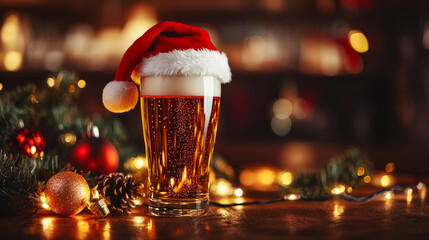 Close-up shot of full pilsner glass of pale lager beer or ale with Santa Claus or christmas red hat on top, wrapped in christmas lights and christmas baubles in background