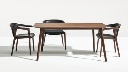 Modern walnut dining table with four black leather chairs.