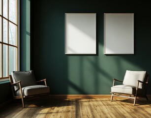 A room with two chairs and two empty picture frames. The chairs are white and wooden. The room is green and has a window