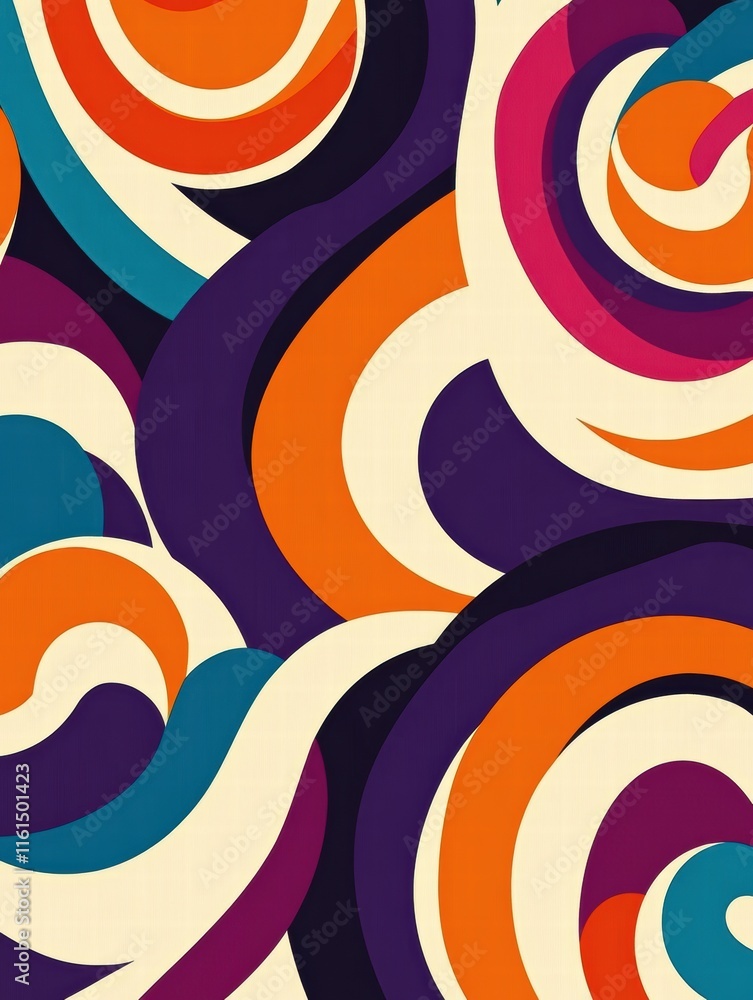 Fototapete retro inspired pattern of colorful spirals and curved lines in a vibrant 70s color palette. generati