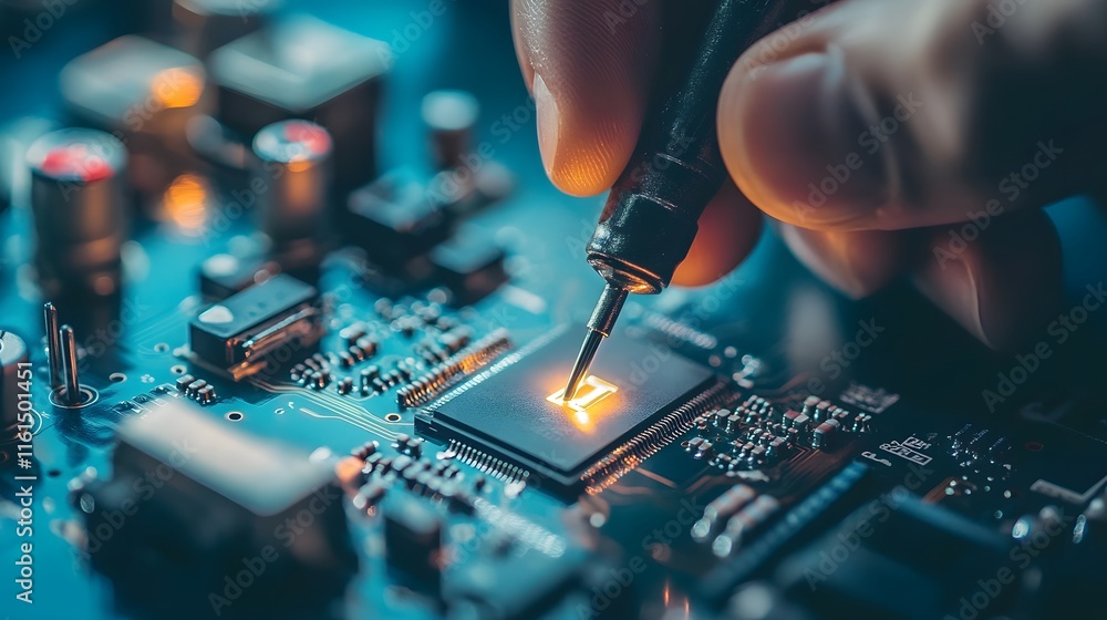 Poster close-up of a technician soldering a microchip onto a circuit board. the glowing chip and precise wo