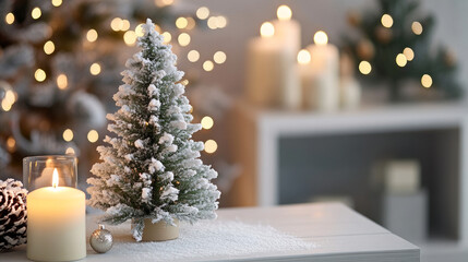 Cozy Christmas decoration with mini Christmas tree and lights on snowy background