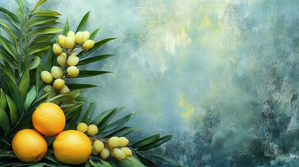 Jewish festival of Sukkot. Traditional symbols (The four species): Etrog (citron), lulav (palm branch), hadas (myrtle), arava (willow)