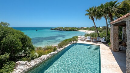 Fototapeta premium Scenic beachfront view featuring a pool and lush greenery.