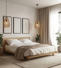 A bed with a white comforter and a brown blanket. A lamp hangs above the bed