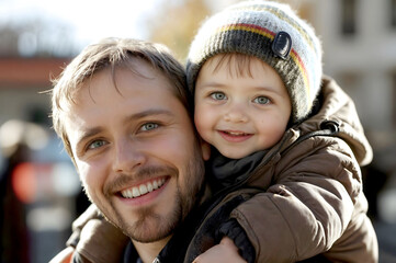 Obraz premium Father and child smiling warmly outdoors in cozy winter clothing, symbolizing family bonding, happiness, and parenthood, perfect for promoting themes of love, care, and childhood memories